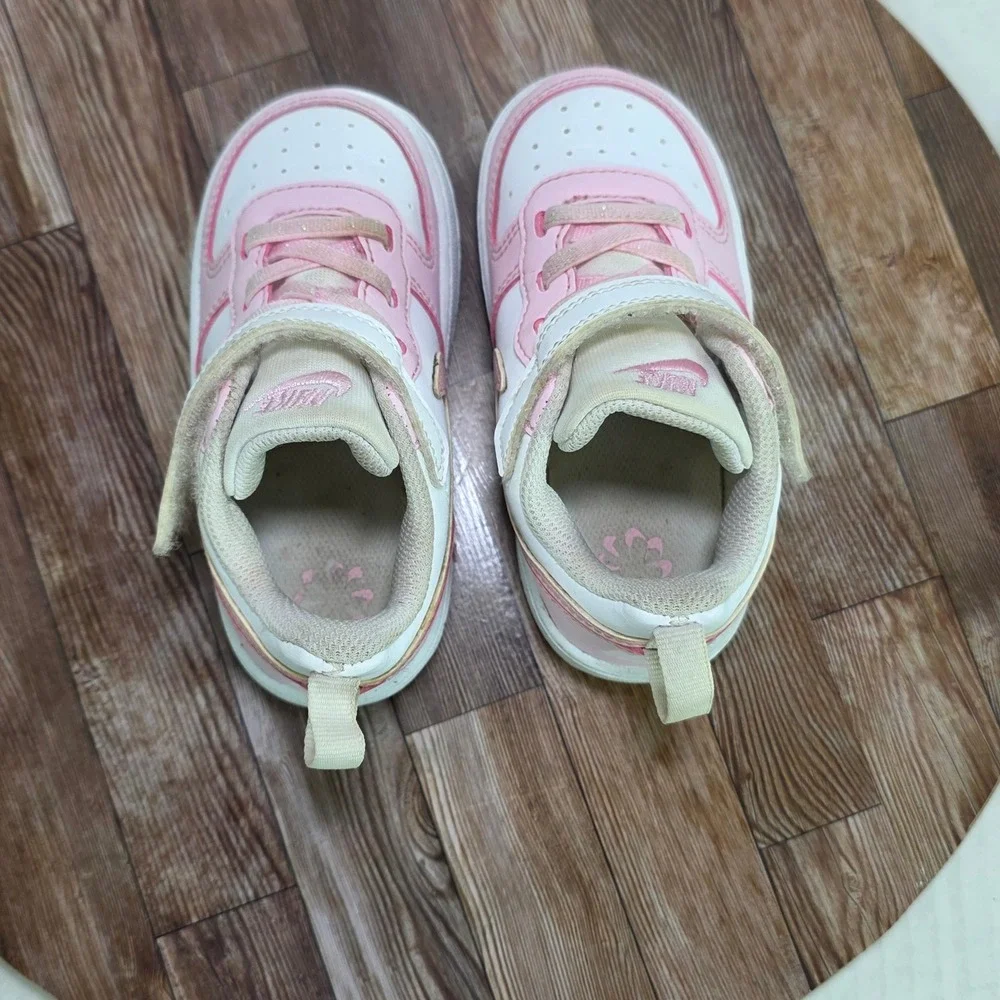 Nike Court Borough Low 2 Toddler Kids 7C Pink White Hook Loop Strap Sneakers